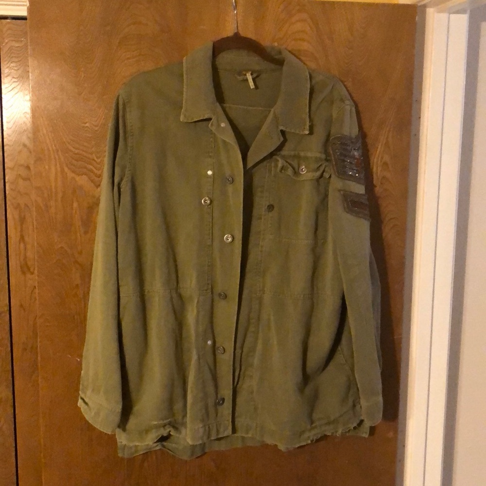 Free People army green jacket, beading on sleeve.